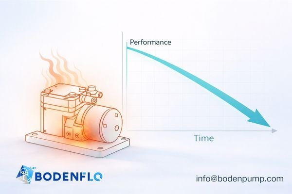 An image showing a pump glowing red-hot from thermal buildup with a superimposed graph showing its performance declining over time.