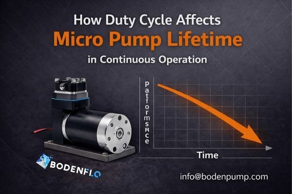 Linear micro diaphragm pump illustration showing thermal stress and performance decline caused by high duty cycle in continuous operation