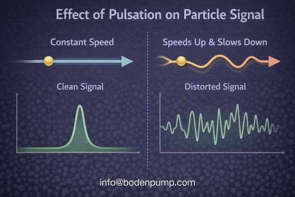 A diagram showing a particle moving at a constant speed creating a clean signal, next to a particle speeding up and slowing down in pulsating flow, creating a distorted, noisy signal.
