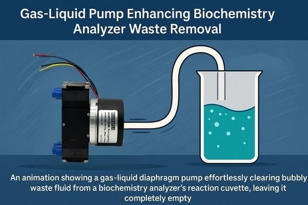 An animation showing a gas-liquid diaphragm pump effortlessly clearing bubbly waste fluid from a biochemistry analyzer's reaction cuvette, leaving it completely empty.