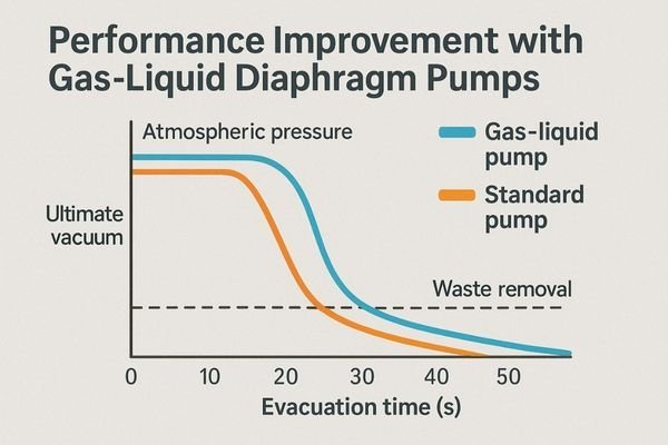 A performance graph comparing a gas-liquid pump to a standard pump, showing faster evacuation times and a deeper ultimate vacuum level in a waste removal application.