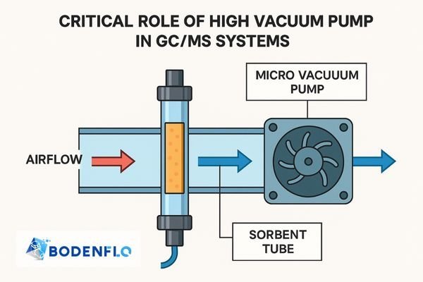 An image showing a detailed schematic of a GC/MS sorbent tube sampling module, with callouts highlighting the micro vacuum pump, sorbent tube, and airflow path.