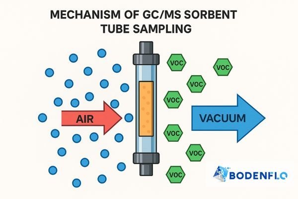 A simple animation showing air molecules being pulled through a sorbent tube, with specific VOC molecules adhering to the sorbent material.