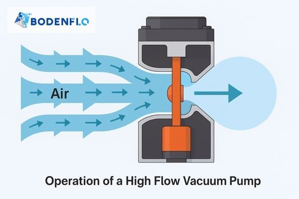 An animation or diagram showing a large volume of air being moved quickly by a high flow vacuum pump