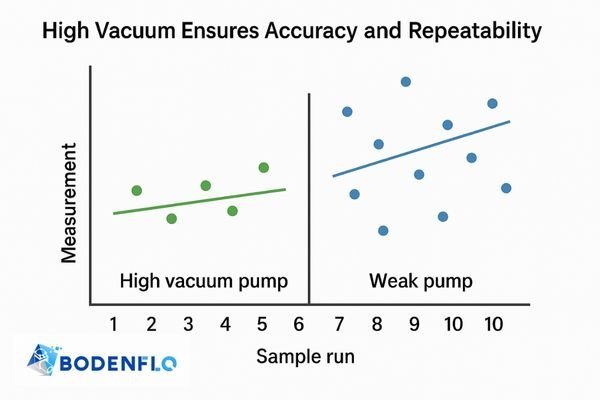 A chart comparing two sets of 10 sample runs. One set, using a high vacuum pump, shows tight data points with low deviation. The other set, using a weak pump, shows scattered, inconsistent data points.