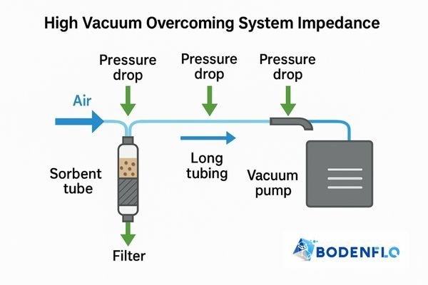 A diagram showing a vacuum pump easily pulling air through a complex system with a sorbent tube, filter, and long tubing, highlighting the pressure drop at each component.