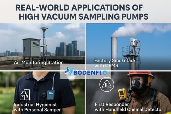 A collage of application photos: an air monitoring station on a rooftop, a factory smokestack with CEMS equipment, an industrial hygienist wearing a personal sampler, and a first responder with a handheld chemical detector.