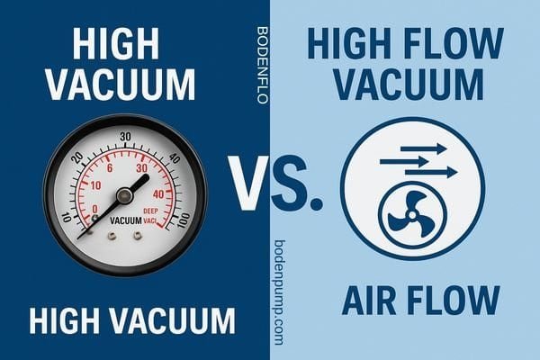 Comparison of high vacuum and high flow vacuum pumps showing a vacuum gauge versus airflow icon