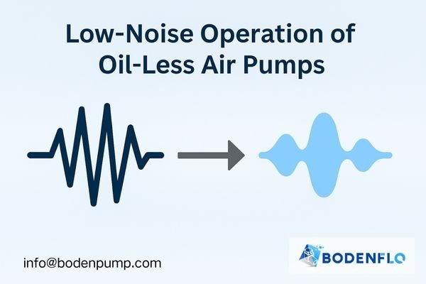 A soundwave icon transitioning from loud and jagged to soft and smooth, representing a quiet oil-less air pump.