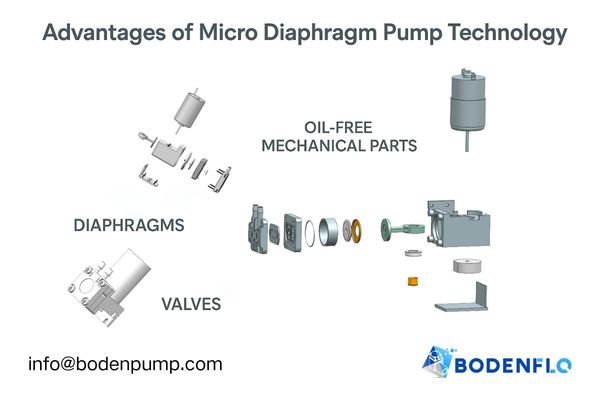 An exploded view of a dual-head micro diaphragm pump, showing the diaphragms, valves, and oil-free mechanical parts.