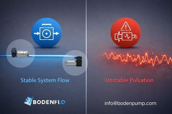 An animation showing a smooth, stable fluid line from a well-designed system contrasted with a pulsating, erratic line from a poorly integrated pump.