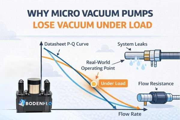 Micro vacuum pump losing vacuum under load shown by P-Q curve and real-world operating point