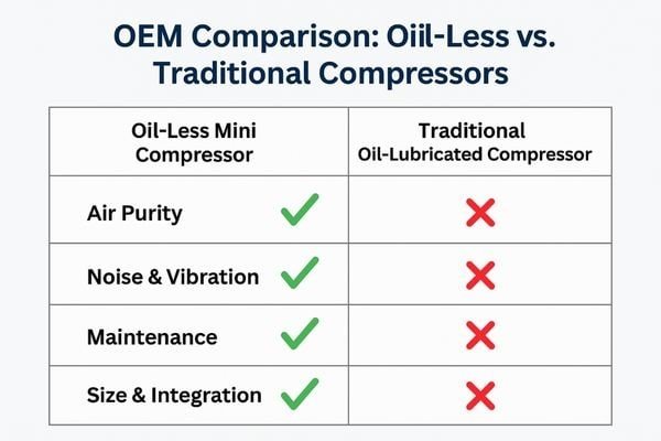 A simple checklist showing green checkmarks for oil-less compressors on points like 'Air Purity' and 'Low Maintenance'.