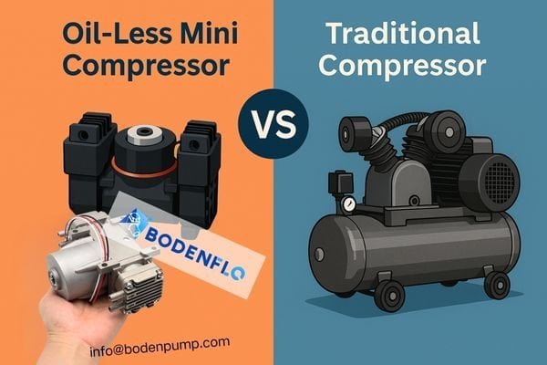 An image comparing a clean, compact oil-less mini compressor with an older, bulkier oil-lubricated compressor.