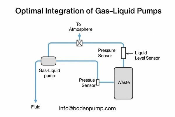 A clean system diagram showing the optimal layout for integrating a gas-liquid pump, including tubing recommendations, valve placement, and sensor locations.