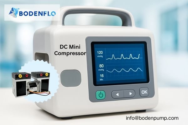 A portable medical device with a small DC air compressor inside, showing a display with stable pressure graphs.