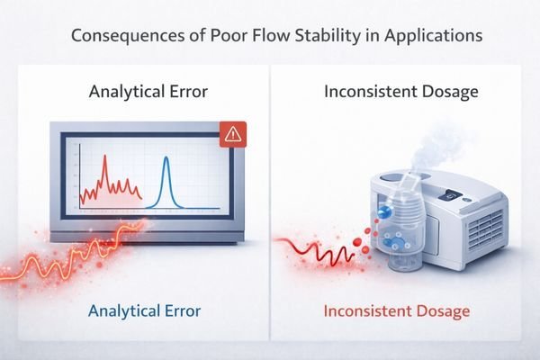 An infographic showing a jagged flow line causing errors on a gas chromatograph, and an unstable wave leading to inconsistent nebulizer output.