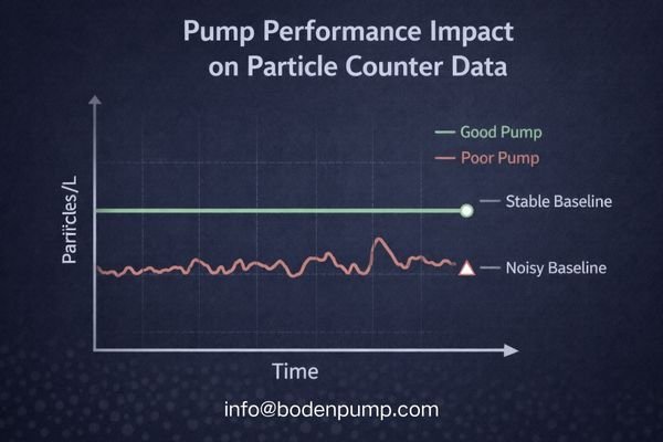 A graph showing two data plots: one with a stable baseline from a good pump, and one with a noisy, fluctuating baseline caused by a poor pump.