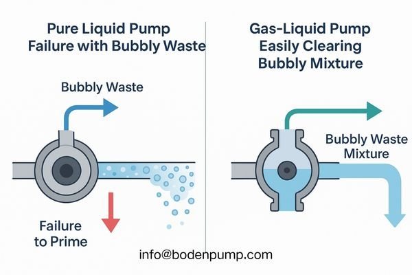 A diagram comparing a pure liquid pump failing to prime with air bubbles in the line, versus a gas-liquid pump easily clearing the bubbly mixture.