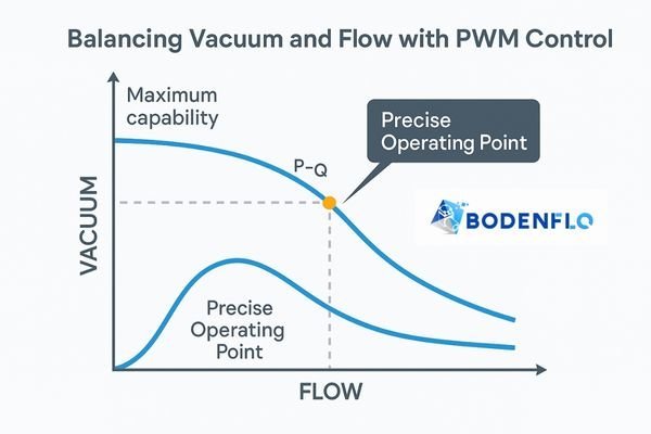 A diagram illustrating the P-Q curve of a pump. It shows how PWM control can be used to set a precise operating point (flow and vacuum) regardless of the pump's maximum capability.
