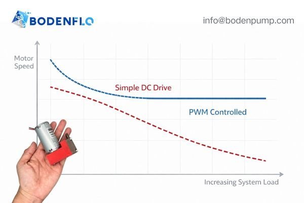 A graph comparing two lines: a simple DC motor's speed dropping as load increases vs. a PWM-controlled motor's speed staying flat.