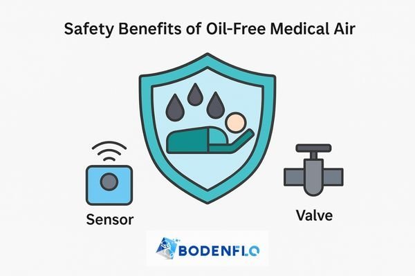 An icon-based graphic showing a shield protecting a patient, a sensor, and a valve from oil droplets.