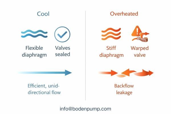 An animation showing a pump's internal diaphragm becoming less flexible and valves not sealing properly as the pump's temperature rises.