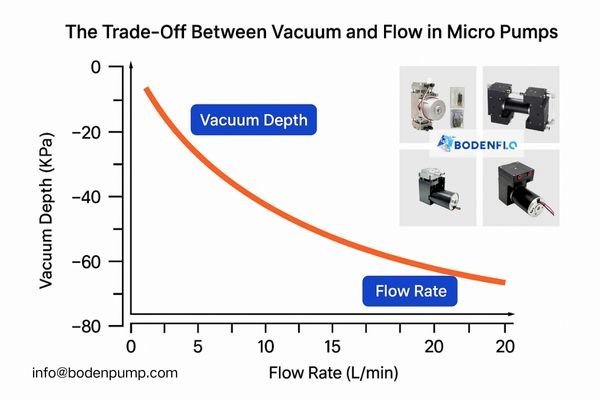 A simple graph illustrating the inverse relationship between vacuum depth and flow rate in a pump