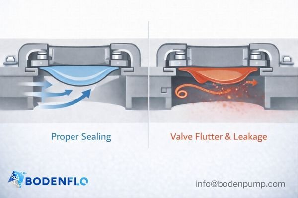 An exaggerated animation of a pump valve fluttering or sealing poorly, causing visible backflow and an unstable output stream.
