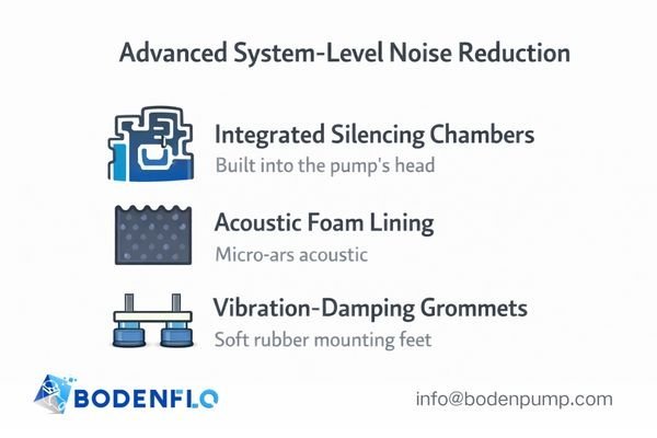 A cutaway view of a device showing a pump with an integrated silencer, surrounded by acoustic foam, and resting on soft vibration-damping feet.