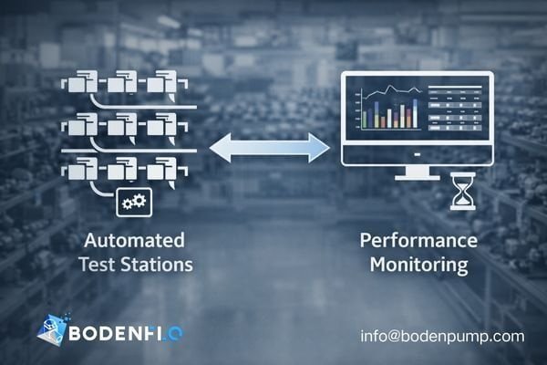 A Bodenflo automated test rack monitoring multiple micro diaphragm pumps simultaneously, with data charts on screens.