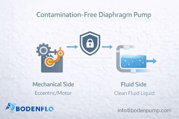 A cutaway animation showing a diaphragm pump's membrane flexing, with the fluid path cleanly separated from the motor and eccentric.