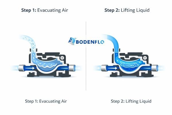 An animation of a diaphragm pump showing air being evacuated first, followed by liquid being successfully drawn into the pump chamber.
