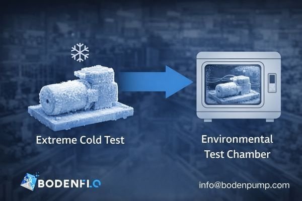 An image of a BODENFLO pump inside an environmental chamber, coated in simulated frost for cold testing.