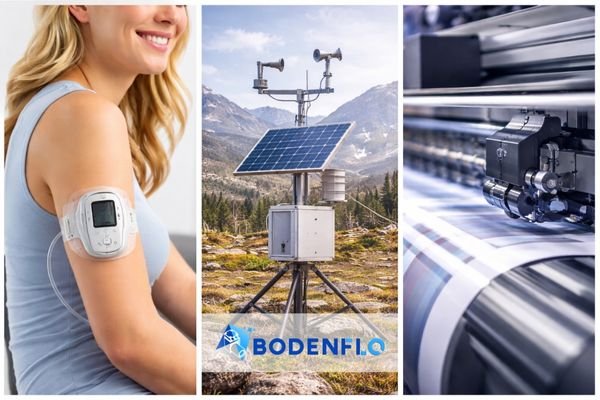 A triptych of images: a patient with a wearable medical device, a solar-powered environmental monitoring station, and a high-speed industrial printing line.