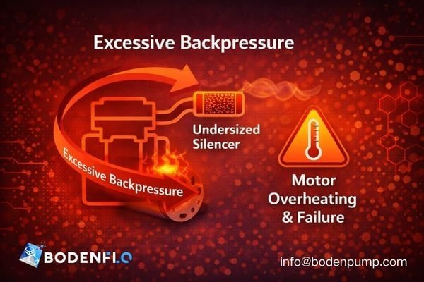 An infographic showing a pump with a badly installed silencer. An arrow points from the silencer back to the pump labeled 