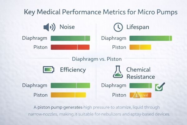 An infographic with four quadrants: Noise (dB icon), Lifespan (clock icon), Efficiency (watt icon), and Chemical Compatibility (flask icon).