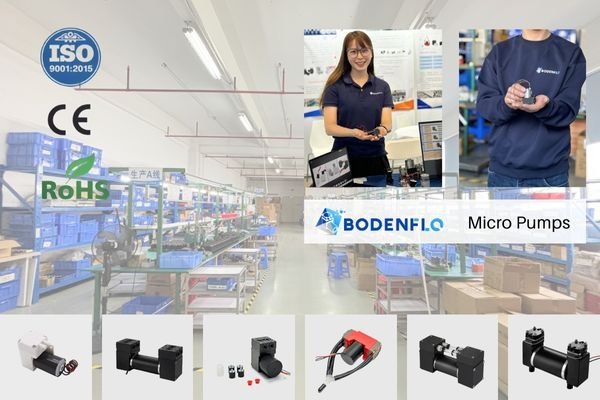 A graphic displaying certification logos like ISO 13485, CE, and RoHS next to a Bodenflo pump.