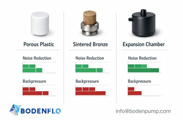 A comparison chart of different silencer materials: Noise reduction dB vs. Backpressure increase