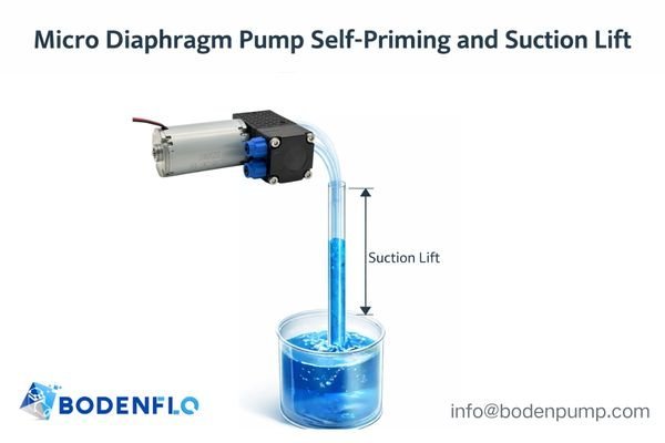 A diagram showing a micro diaphragm liquid pump successfully pulling liquid up a tube from a container below it.
