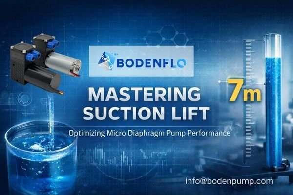 Micro diaphragm liquid pump suction lift illustration showing self-priming water column rising from a glass container to 7 meters