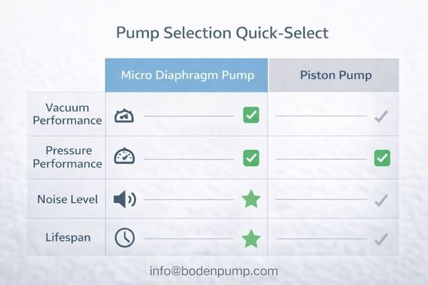A final side-by-side table summarizing the key differences between diaphragm and piston pumps.