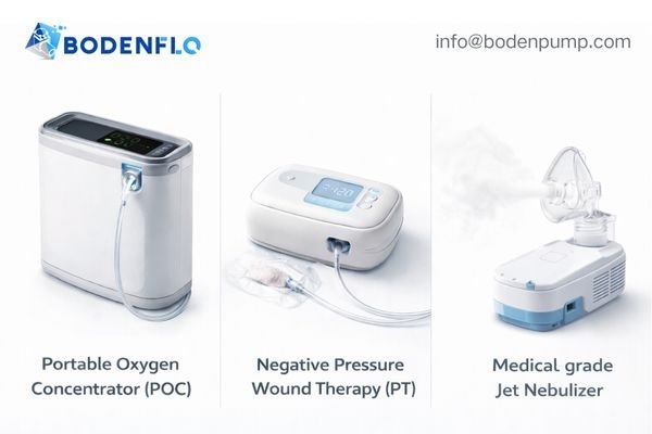 A collage of three devices: a Portable Oxygen Concentrator (POC), a Negative Pressure Wound Therapy (NPWT) device, and a handheld nebulizer.