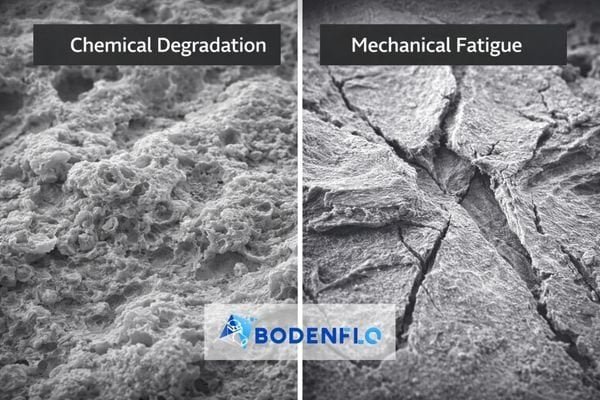 A microscopic, split-view image of a diaphragm. Left: showing chemical erosion. Right: showing mechanical fatigue tears.