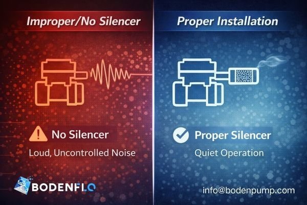 A split-screen image: a noisy pump with sound waves coming off it on the left, and a whisper-quiet pump with a properly installed silencer on the right.