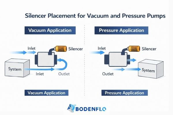 A diagram showing air-flow paths and optimal silencer placement for vacuum vs. pressure modes