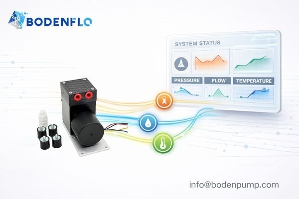 An infographic showing data streams (pressure, flow, temp) flowing from a micro pump to a central dashboard.