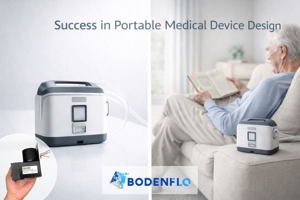 A split-screen image showing a sleek, modern portable medical device on one side and a patient comfortably using it at home on the other.