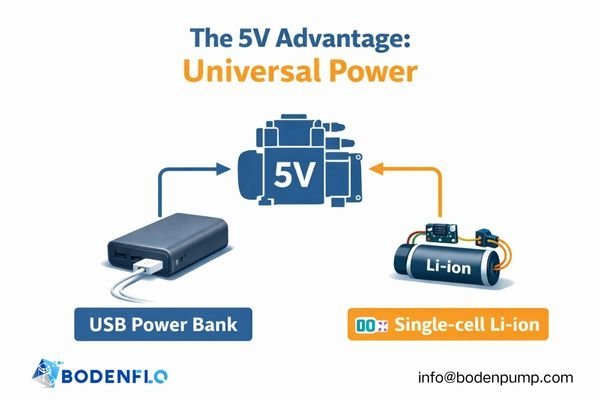 An infographic showing a 5V pump being powered by a USB power bank and a single-cell Li-ion battery, highlighting its versatility.
