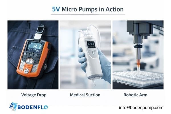 A collage of three products: a person's safety badge for gas detection, a small handheld wound drainage device, and a robotic arm with a pipetting head.